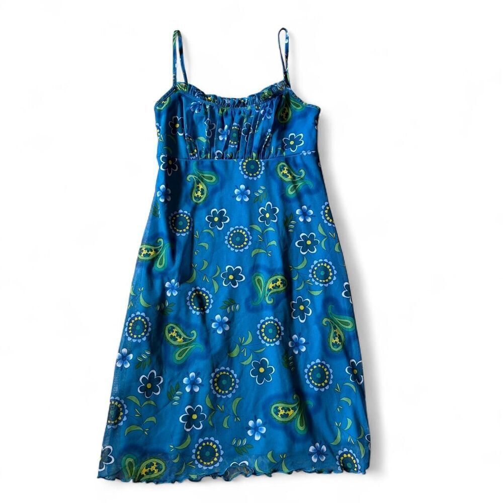 Vintage 90s California Concepts Blue Floral Paisley Mini Dress Small